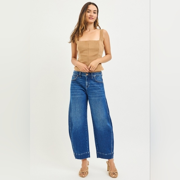 Risen Jeans Denim - RISEN Mid Rise Dark Wash Barrel Jeans Ankle Cropped Trouser Classic Various NEW